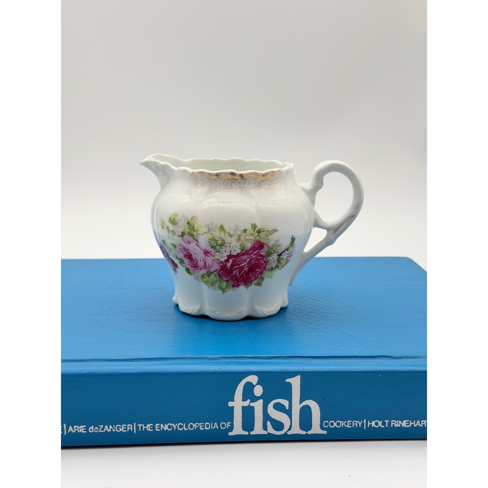 Vintage Floral Rose Porcelain Creamer Gold Rim Scalloped Edge